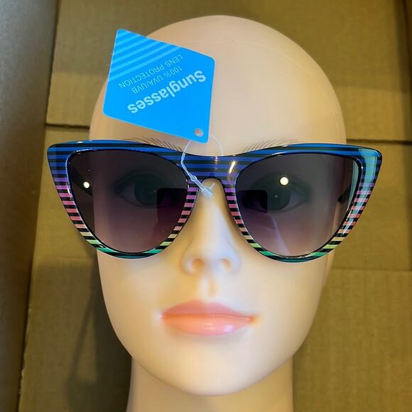 fgx Accessories - Striped Cat Eye Sunglasses Rainbow 100% UVA UVB Protection
